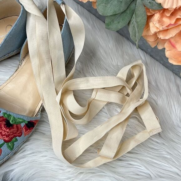 Jessica Simpson Women's Fippo Denim Floral Embroidered Lace Up Flats Size 10 - Picture 9 of 9